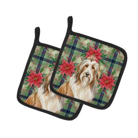 Fawn Bearded Collie Christmas PoinsettIas Pair of Pot Holders Pair 7.5x7.5 Quilted Insulated Hot Pads Decorative Kitchen Gift Made in USA